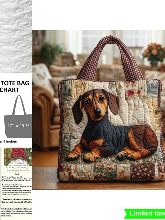 Handbags - Quilted Dachshund Dog Print Tote Bag with Strap